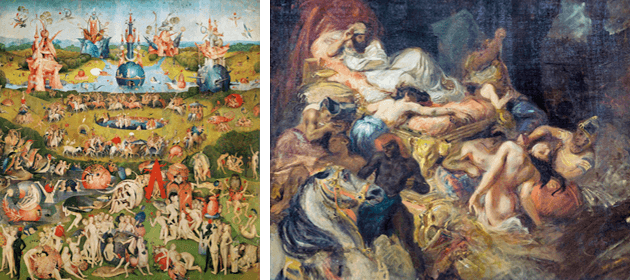 [left] Hieronymous Bosch, The Garden of Earthly Delights (triptych center panel), 1490-1500. Museo del Prado, Madrid, Image: Erich Lessing / Art Resource, NY [right] Eugène Delacroix, Death of Sardanapalus (sketch), 1826-1827, Musée du Louvre, Paris, Image: agefotostock / Alamy Stock Photo